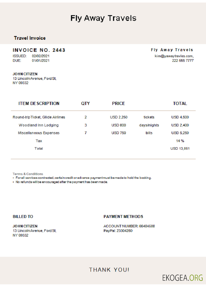 Facture USA Fly Away Travels